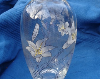 Vintage*Vase*Glas+Blumen-Malerei*1961*Elegant*Wunderschön*