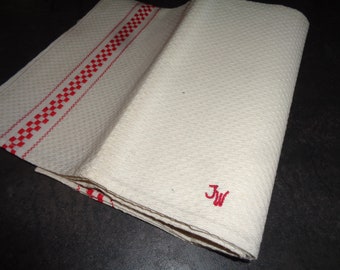Antique*2 towels linen*monogram*Original 1929*White-Red*Vintage*