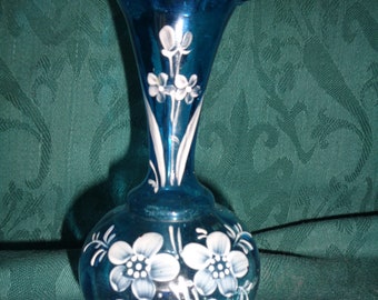 Vintage:Mini-Vase*Zauberhaft*Blau*Weiße Malerei*Glas mit "Rüsche"*Wunderschön*