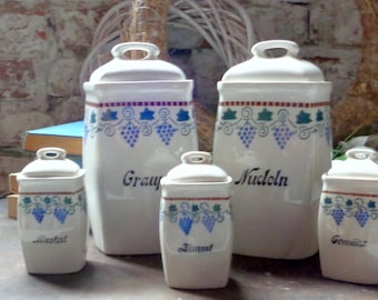 Antique storage jars - kitchen decoration - porcelain - grape painting