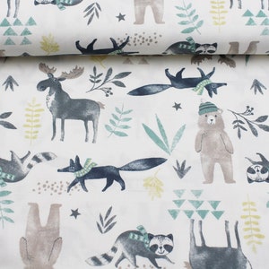 Può includere: Tessuto bianco con un motivo ripetuto di animali del bosco, tra cui orsi, alci e procioni. Gli animali indossano cappelli e sciarpe, e il tessuto è decorato con foglie e stelle.