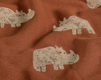 French Terry crepe rhinos on rust – summer sweat fabric with tree bark texture – fabric for baby and children's clothing