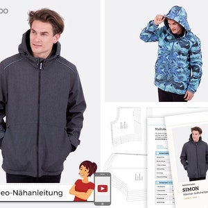 Può includere: Una giacca grigia con cappuccio, chiusura a zip e due tasche. La giacca è mostrata su un modello e anche in un design di modello. Il testo "SIMON Männer Softshelljacke" è visibile nell'immagine.