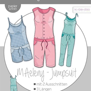 Könnte beinhalten: Ein Schnittmuster für einen Jumpsuit mit zwei Ausschnittvarianten und drei Längen. Das Schnittmuster ist für Damen in den Größen 32-48. Das Schnittmuster beinhaltet eine Anleitung und ein Papier-Schnittmuster.