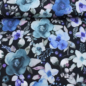 Jersey Stoff Aquarell Blumen blau