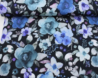 Jersey Stoff Aquarell Blumen blau