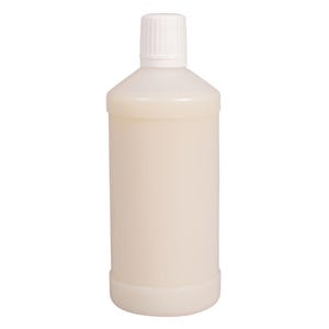 Könnte beinhalten: Eine hohe, cremefarbene Kunststoffflasche mit einem weißen Schraubverschluss. Die Flasche hat einen zylindrischen Körper und einen leicht verjüngten Hals. Der Verschluss hat ein geripptes Design für einen besseren Griff. Die Flasche scheint mit einer Flüssigkeit gefüllt zu sein.