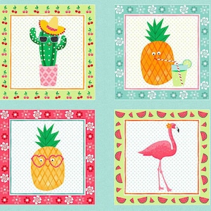 May include: Four colourful squares with white polka dots and different borders. Each square features a different summer-themed illustration: a cactus wearing sunglasses, a pineapple with sunglasses, a pineapple drinking a beverage, and a flamingo.