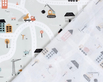 Cotton fabric construction site with roads and vehicles – woven fabric with cranes, trucks and houses
