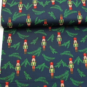 Cotton Poplin Woven Fabric &quot;Christmas&quot; dark blue fir branches and nutcracker