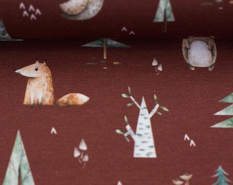 Jersey woodland animals on reddish-brown with fox, bear and owl – Jule by Swafing - cotton jersey for baby and children's clothing