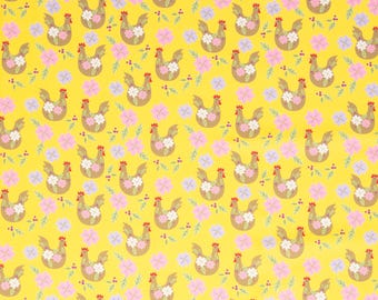 May include: A yellow background with a repeating pattern of brown chickens with white and pink flowers. The chickens are stylized and have a simple design.