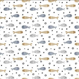 Könnte beinhalten: Ein nahtloses Muster mit einem sich wiederholenden Design aus stilisierten Fischen in Blautönen und Braun auf weißem Hintergrund. Die Fische sind schwarz umrandet und haben kleine schwarze Punkte auf ihrem Körper. Der Hintergrund ist mit kleinen schwarzen Kreisen übersät.
