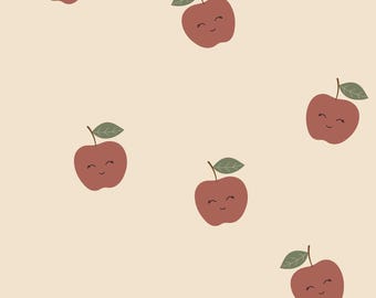 French Terry Apples on Beige – Summer Sweatshirt Fabric with Cute Apple Faces – Fabric for Baby and Children's Clothing
