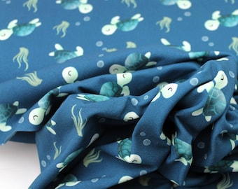 Jersey Mare by Hilco – Turtles & Seagrass in Petrol Blue – Design Mrs. Mint – Fabric for Children's Clothing