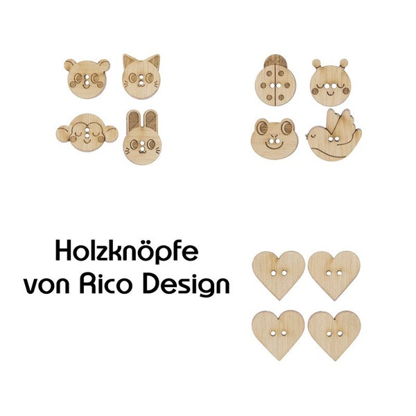 Rico Design Holzknöpfe - Herzen - Tiere