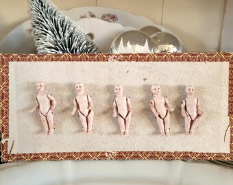 Set of 5 antique bisque dolls, old porcelain dolls, sales display, jointed dolls, dollhouse, vintage, brocante decor, rare