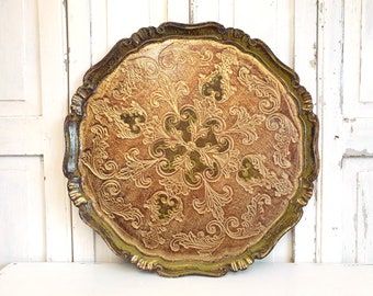 Old large Florentine tray, shabby chic, vintage decor, brocante, ornaments, Italy, gold
