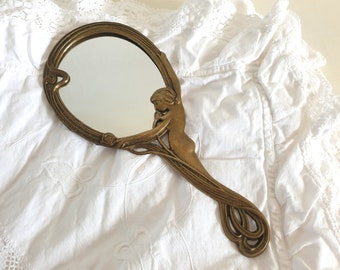 miroir à main ancien, miroir vintage, miroir de poche, Art Nouveau, laiton, shabby, France, boudoir, brocante