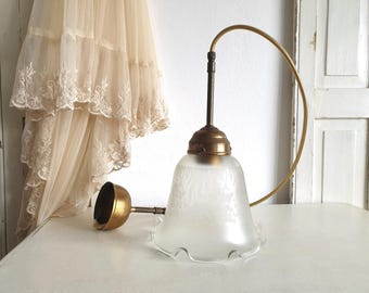 antique ceiling light, vintage Art Nouveau pendant lamp, brass lamp, glass shade with floral pattern, textile cable, brocante