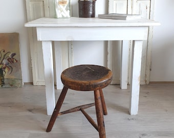 old workshop stool, antique milking stool, rustic wooden stool, stool, shoemaker, vintage, brocante, loft, industrial