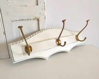 old wall coat rack, Dutch vintage coat rack, wood, antique white, brass, coat hooks, shabby chic, vintage, brocante hook rail