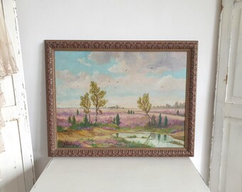 Antique oil painting, autumnal heath landscape, gold Italian frame, painting, oil, landscape, handmade, vintage, brocante