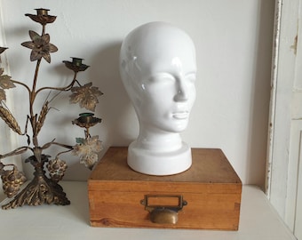 antique headphone holder, vintage wig head, Scheurich 701 ceramic head, GERMANY, brocante, sculpture