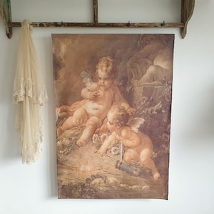 altes Wandbild, großer Kunstdruck, Leinen, Engel, Cupid, Putto, vintage Deko, romantische Wandkarte, Rollkarte, Stoffbanner, shabby, boudoir