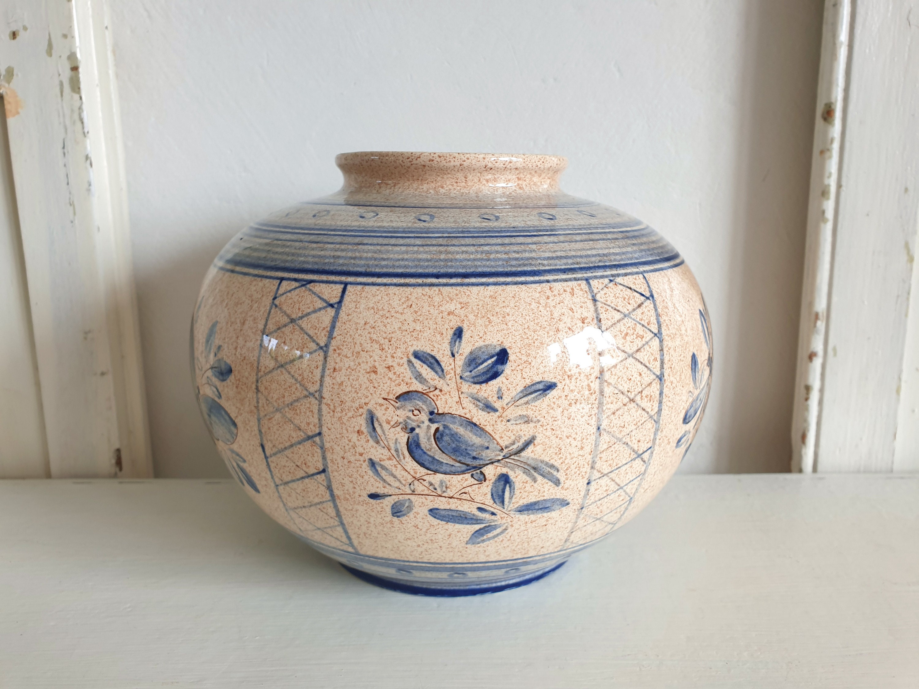 antique vase, old flower vase, Villeroy and Boch ceramics, ironstone, hand-painted, bird, butterfly, vintage, shabby chic, brocante decoration