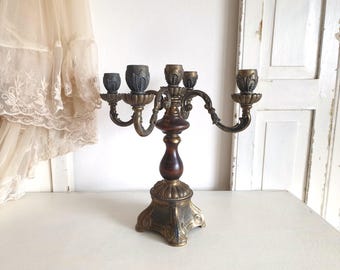 antique candlestick, old French vintage candle holder, brass candelabra, wood, brocante