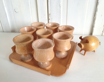 Set: old salt shaker and egg cup, wood, pig, lucky pig, tray, mid century, vintage, 50s