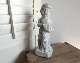 alte Betonfigur, Steinguss, 44 cm Putto, Engel mit Hund, Schutzengel, Steinfigur, brocante, french vintage, shabby chic, Landhaus Deko