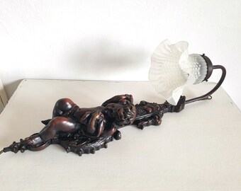 antique wall sconce, Italian wall lamp, cherub, putto, angel, lamp, chandelier, Art Nouveau, vintage, brocante, glass shade
