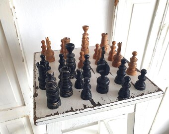 Antique wooden chess pieces, chess game pieces, handmade, wooden box, brocante, France, French vintage