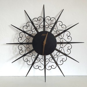 antique wall clock, Atlanta electric, sunburst clock, metal, Germany, 1960s, mid century, brocante industry, RARE