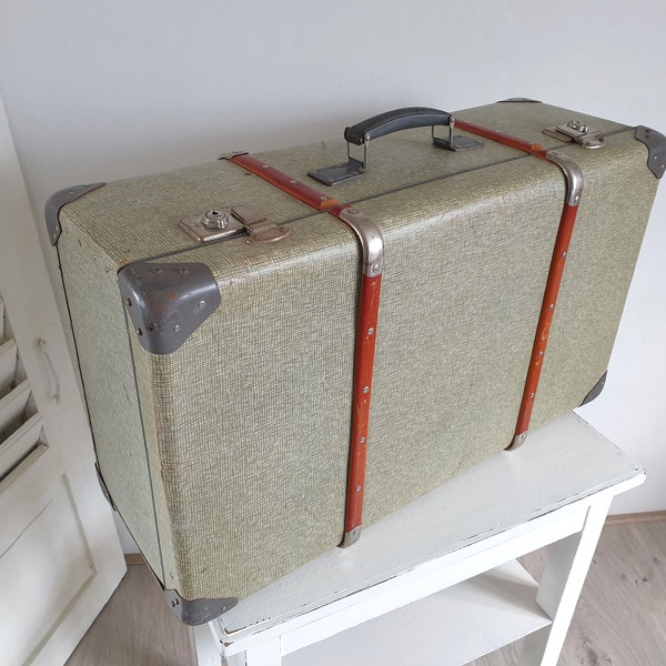 old suitcase, large steamer suitcase, antique travel suitcase, chest, shabby chic, vintage, brocante decoration, country house