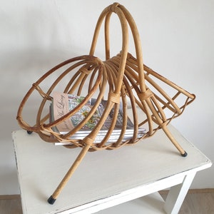 vintage magazine rack, antique newspaper rack, mid century, 50s-60s, string, modern, bamboo, bamboo cane