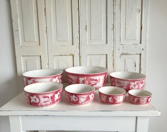 Set of 7 antique bowls, ceramic serving dishes, Art Deco, pink, shabby chic, ironstone, brocante, country style