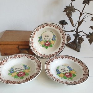 Set: 3 old plates, ceramic, thick-walled deep dinner plates, ironstone, Villeroy & Boch, shabby, hand-painted, vintage, brocante, country house
