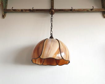 Antique Tiffany ceiling light, France, vintage floral lamp, beige, pendant light, glass shade, brocante, Grand Millennial