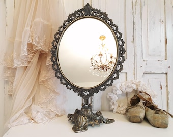 antique vanity mirror, Florentine table mirror, brass, bronze, Italy, vintage, brocante mirror, boudoir, dressing table, shabby
