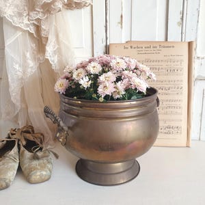 Op de afbeelding: Een vintage messing plantenbak gevuld met roze bloemen. De plantenbak heeft sierlijke handvatten en staat op een voetstuk. Daarnaast een paar antieke balletschoentjes en een blad oude bladmuziek.