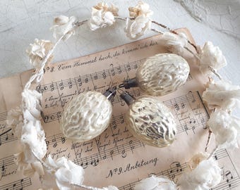 SET: 3x antique Christmas tree ornaments, silver nuts, Lauscha walnuts, glass, vintage, brocante Christmas tree balls