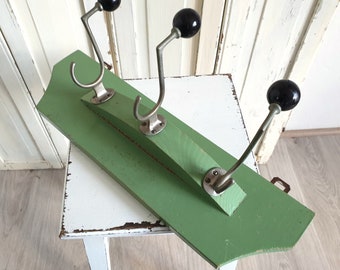 antique wall-mounted coat rack, hook rail, shabby chic, vintage, green, pastel, wardrobe, old paint, mid-century, brocante, country house
