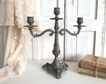 old candlestick, vintage candle holder, antique candelabra, Italy, brass, 3-light, shabby, brocante