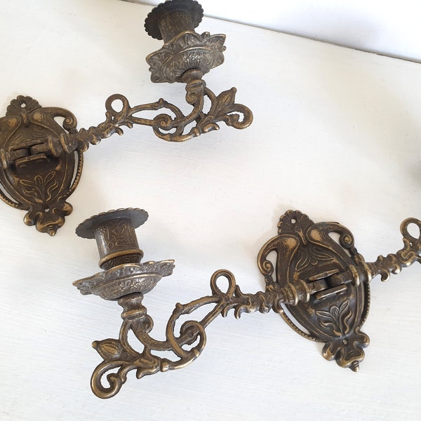 1x old piano candlestick, antique wall candle holder, 2 flames, brass, Art Nouveau, vintage, brocante, country house decoration