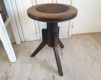 tabouret de piano antique, tabouret ancien, pivotant, tabouret ancien, revêtement en cuir, art déco, chêne, brocante, vintage, maison de campagne