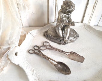 2 antique pastry tongs, silver-plated, richly decorated, roses, shabby chic, brocante, coffee table