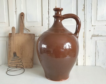 antique clay jug, vintage clay bottle, stoneware, large clay vessel, oil bottle, canning jar, storage bottle, vase, brocante, country house